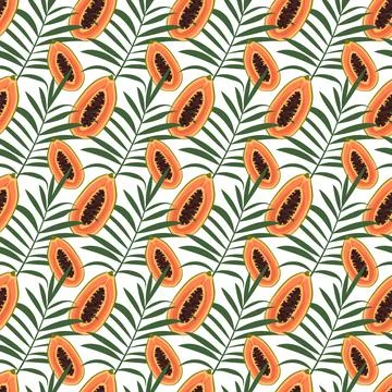 Bright summer seamless pattern with papaya fruits and palm leaves Stock-Illustration