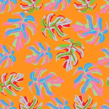 Bright summer seamless pattern with pink and blue monstera leafs. Orange back Stock Illustration