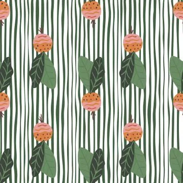 Bright summer seamless pattern with radish elements. Green stripped backgroun 스톡 일러스트