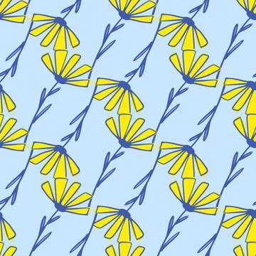 Bright summer seamless pattern with yellow daisy ornament. Blue backround. Stock Illustration