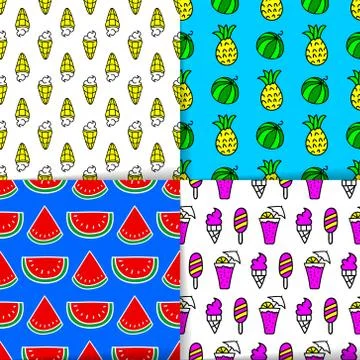 Bright summer seamless patterns, neon colors Stock Illustration