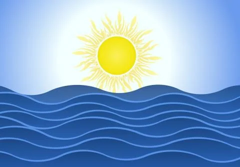 Bright summer sun over blue sea waves background. Stock Illustration