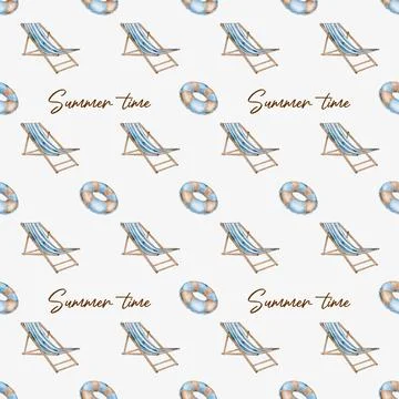 Bright summer time pattern with deck chairs and beach elements for textile .. 스톡 사진