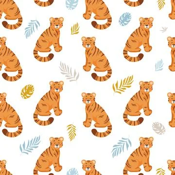 Bright summer tropical seamless pattern. Cute tiger, palm leaves childrens ve Illustrazione stock