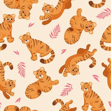 Bright summer tropical seamless pattern. Cute tiger, palm leaves childrens Illustrazione stock