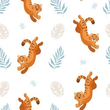 Bright summer tropical seamless pattern. Cute tiger, palm leaves childrens ve Stock Illustration