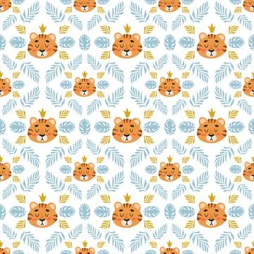 Bright summer tropical seamless pattern. Cute tiger, palm leaves childrens ve Stock Illustration