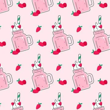 Bright summer vector seamless pattern, strawberry milkshake with a straw in.. Illustrazione stock
