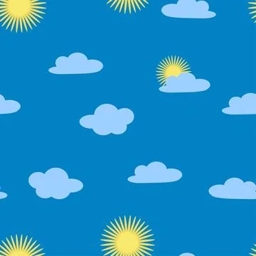 Bright sun and clouds seamless pattern, sky, childrens fashio Stockillustratie
