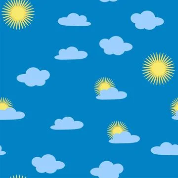 Bright sun and clouds seamless pattern, sky, childrens fashio 库存插图