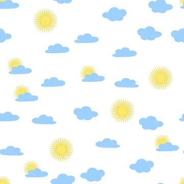 Bright sun and clouds seamless pattern, sky, childrens fashio 库存插图