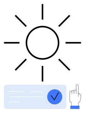 Bright sun with approval checkmark and hand pointing at document for confir.. Stock Illustration