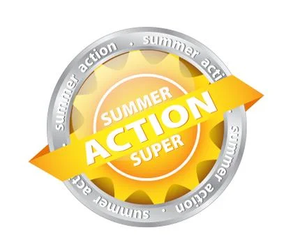 Bright sun button (tag) with summer supper action on white, stock vector illu Stock Illustration