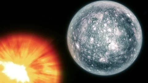 Bright sun flare beside a gray moon or planet in outer space on a black bac.. Stock Footage 340383504