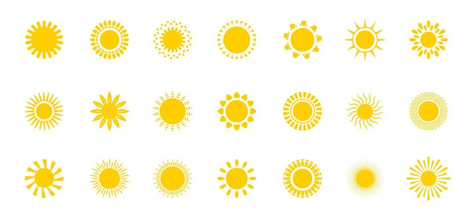 Bright sun icons set vector. Sunset logo in various design on white isolated  Stock Illustration