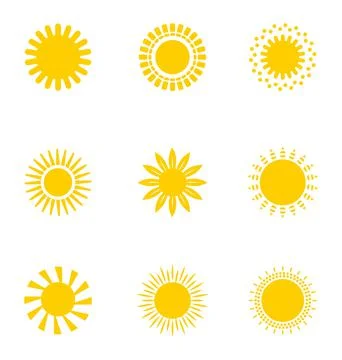 Bright sun icons set vector. Sunset logo in various design on white isolated  스톡 일러스트