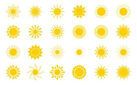 Bright sun icons set vector. Sunset logo in various design on white isolated  Illustrazione stock