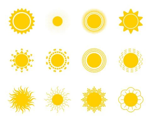 Bright sun icons set vector. Sunset logo in various design on white isolated  Stock Illustration
