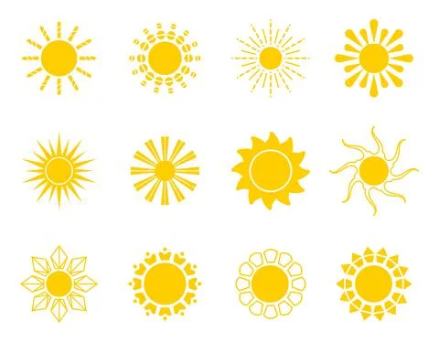 Bright sun icons set vector. Sunset logo in various design on white isolated  Stock Illustration