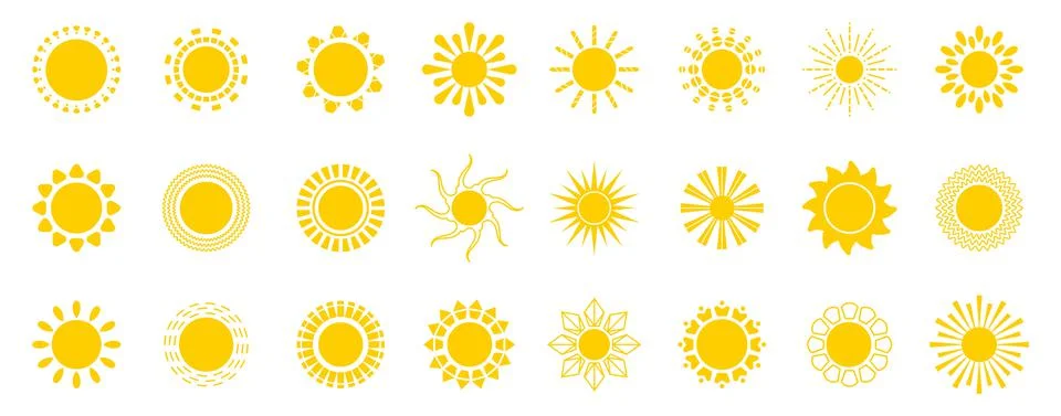 Bright sun icons set vector. Sunset logo in various design on white isolated  Stock Illustration