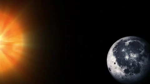 Bright sun on the left and detailed moon on the right in a dark space scene.. Stock Footage 340389827