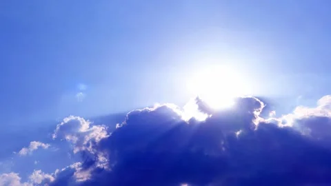 Bright sun light ray lens flare n bokeh sunlight on blue sky n dark rain cloud Stock Footage 262427447