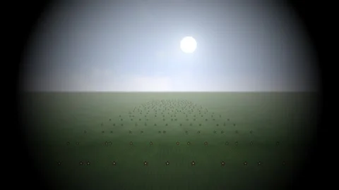 Bright sun over a distant field with scattered glowing Video stock 338327607