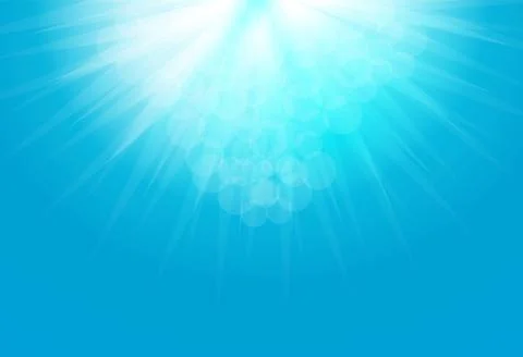 Bright Sun Rays on blue sky background. Beautiful sunny banner with sunburst Stock Illustration
