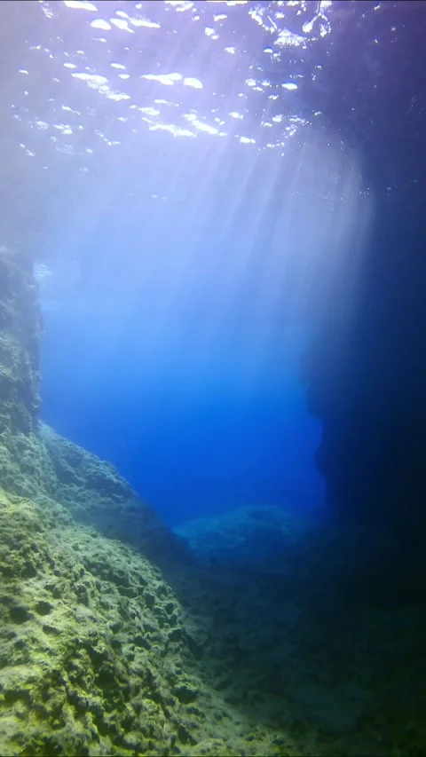 Bright sun rays penetrate blue water into canyon of rocky reefs Stock Footage 255110434