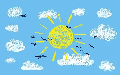 Bright sun with rays. Sunny blue sky and silhouette of a flock of birds Stock Illustration