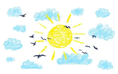Bright sun with rays. Sunny sky and silhouette of a flock of birds. Colorful wax Stock Illustration