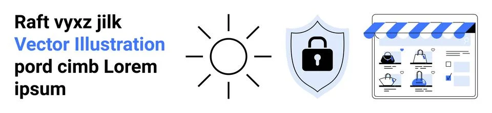 Bright sun, shield with a lock for security, showing online store interface.  스톡 일러스트