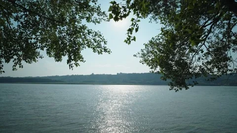 Bright sun shines over a wide river framed by green branches Stock Footage 339630143
