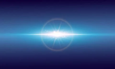 Bright sun shines with warm rays, Glow gold star sunlight on blue background. Stock Illustration