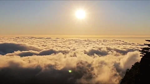 Bright Sun Shining Over Vast Golden Cloud Sea From High Mountain View Stock Footage 320605073