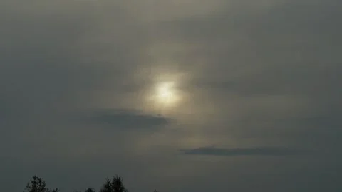 Bright sun shining through dark dramatic clouds over tree silhouettes Stock Footage 338201286