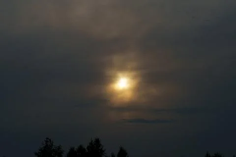 Bright sun shining through dark dramatic clouds over tree silhouettes Stock Photos