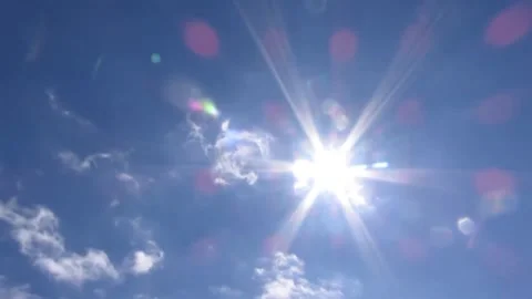 Bright Sun Shining Through Fluffy White Clouds in a Blue Sky Stock Footage 302298466