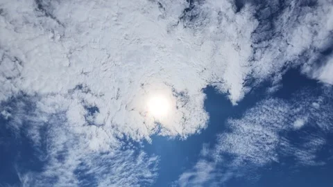 Bright Sun Shining Through Fluffy White Clouds In Blue Sky Stock Footage 344620554