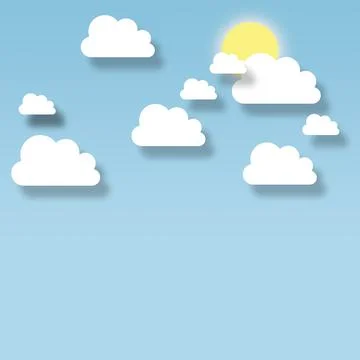 The bright sun shining through the fluffy white clouds in the blue background Stock Illustration