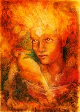 Bright sunfire elve with two phoenix birds and boat, drawing Illustrazione stock