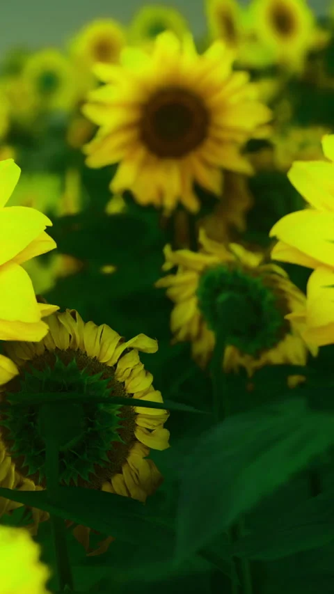 Bright sunflowers bloom in a field under clear sunny skies in summer Stock Footage 336167321