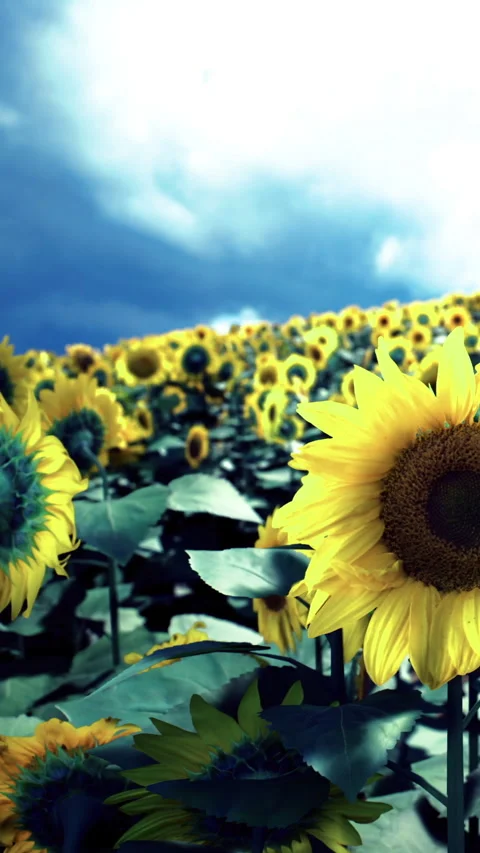 Bright sunflowers dance beneath a dramatic sky in vibrant summer fields Stock Footage 331819172