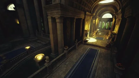 Bright sunlight and lanterns cast shadows in aged stone hallway Stock Footage 341560355
