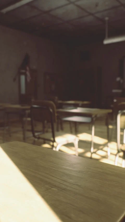 Bright sunlight filling an empty classroom reveals learning environment Stock Footage 324500366