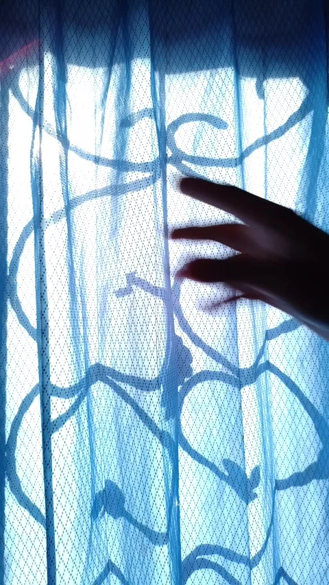 Bright sunlight filters through patterned window curtains Stock Footage 331787270