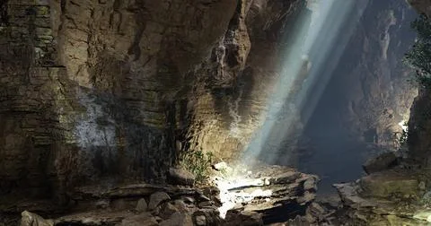 Bright sunlight illuminates a rugged cave interior at midday Stock Illustration