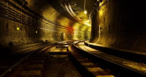 Bright sunlight illuminating a winding underground train tunnel at noon Illustrazione stock