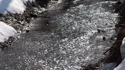 Bright sunlight sparkling on fast flowing shallow winter stream 스톡 동영상 331076467