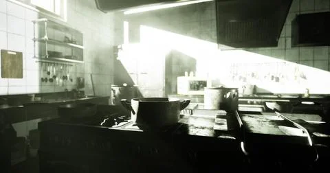 Bright sunlight streams into an empty kitchen filled with cooking equipment Stock Illustration